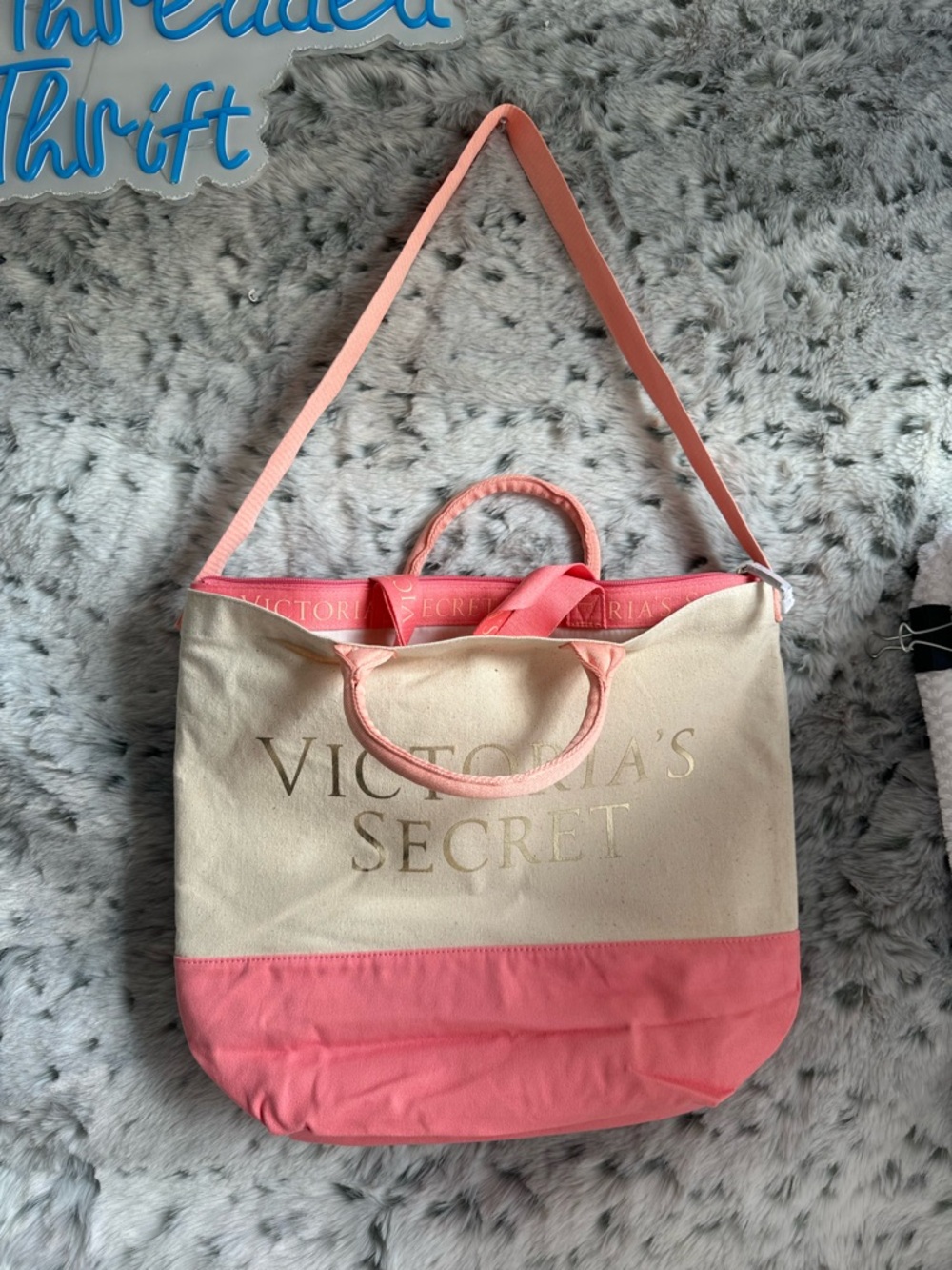 Victoria's Secret 2-in-1 Canvas Cooler Tote Beach Bag pink / cream nwot